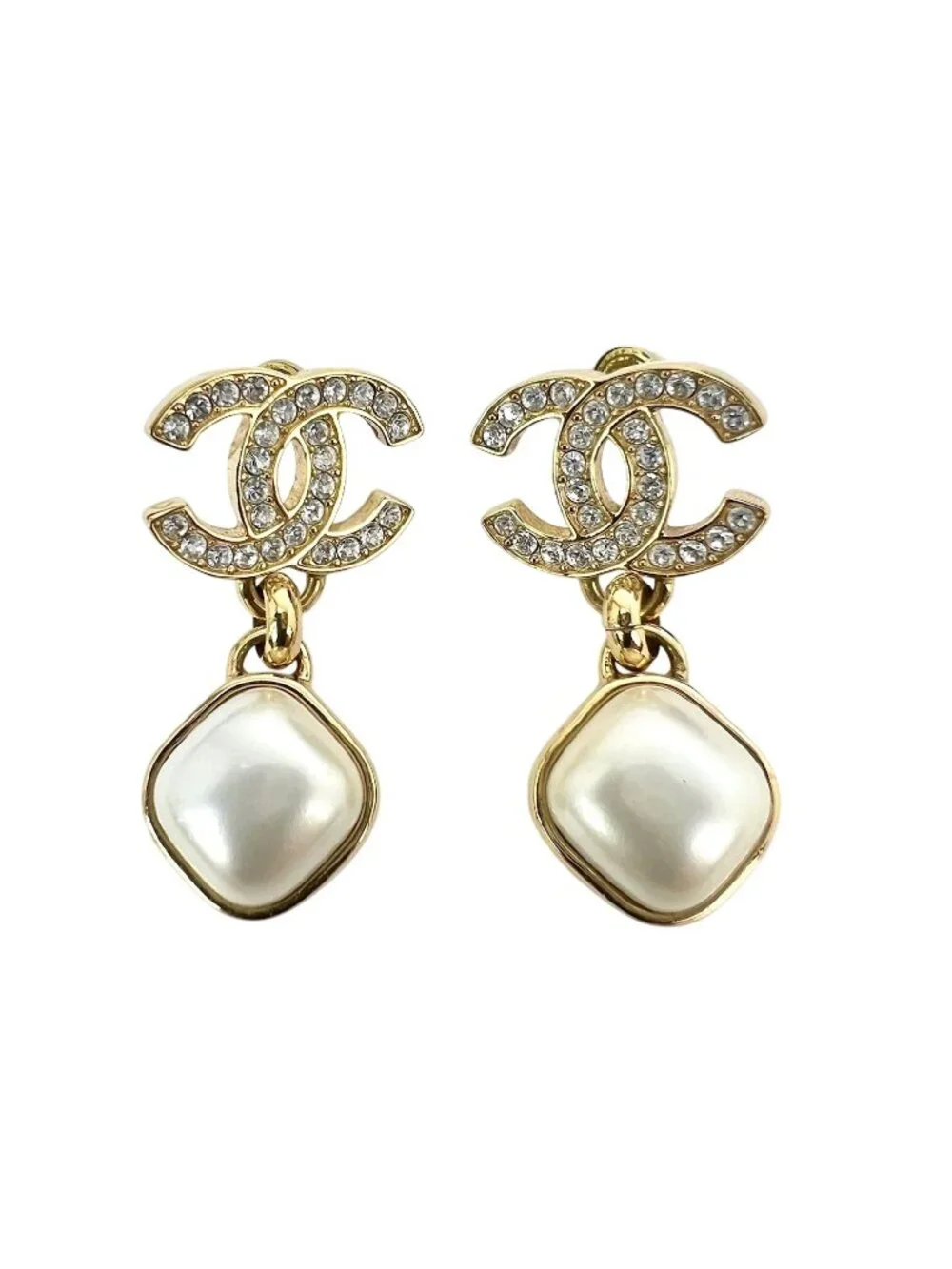 Chanel Gold Crystal CC Pearl Dangle Earrings